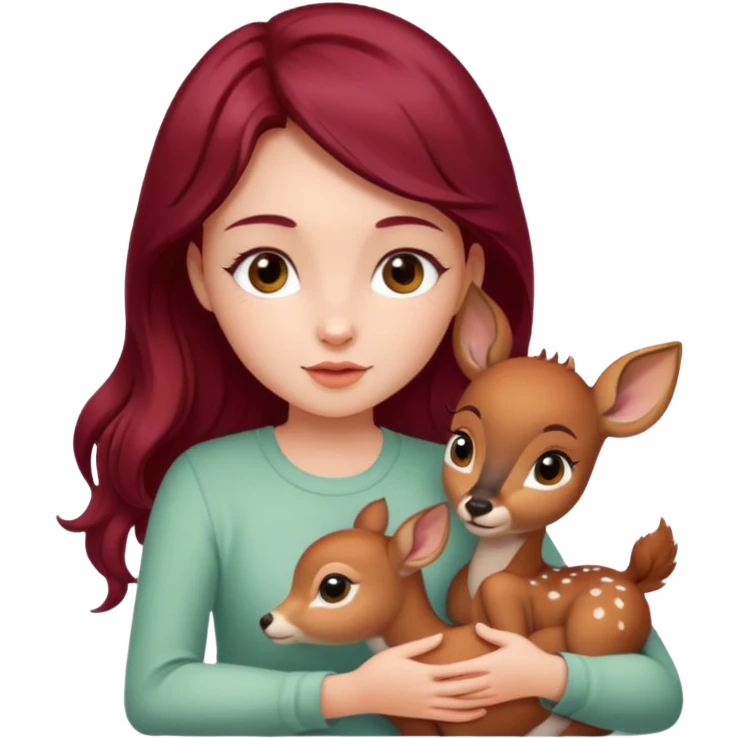 Beautiful burgundy long haired girl petting baby deer emoji