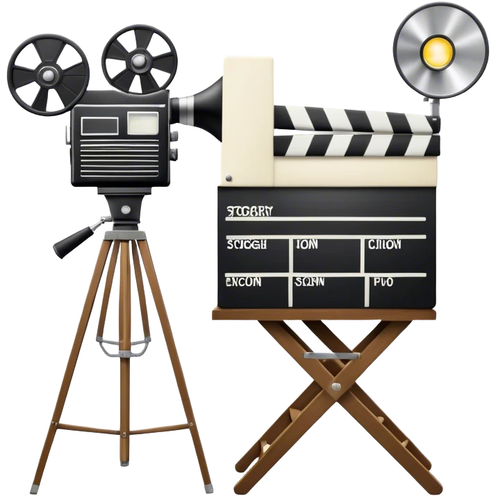 Icon for Directing: a director's chair, a film clapperboard, large movie camera, vintage megaphone and a stage with a spotlight. The icon should represent the creative and organizational aspects of directing, with focus on storytelling, staging, and performance. Transparent background. emoji