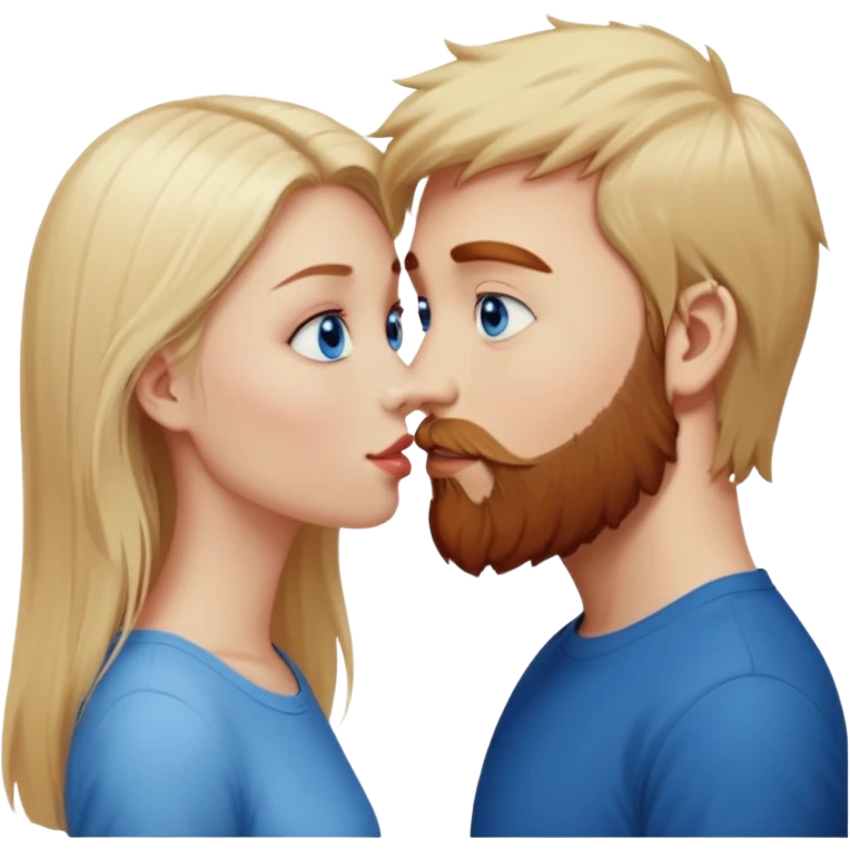 Beautiful, long-straight, pale-blonde-hair blue eyed girl facing a reddish brownish hair and scruffy beard, blue eyed, white male, lips-together-kissing  emoji