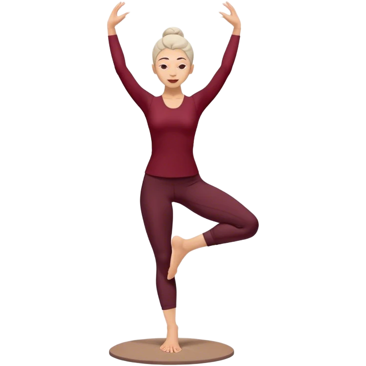 A serene woman practicing the Tree Pose (Vrksasana), embodying stability with two feet on ground and with dark wine red clothes emoji