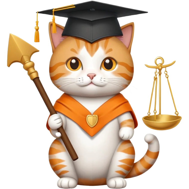 cat with a graduation cap, scales of justice beside it emoji