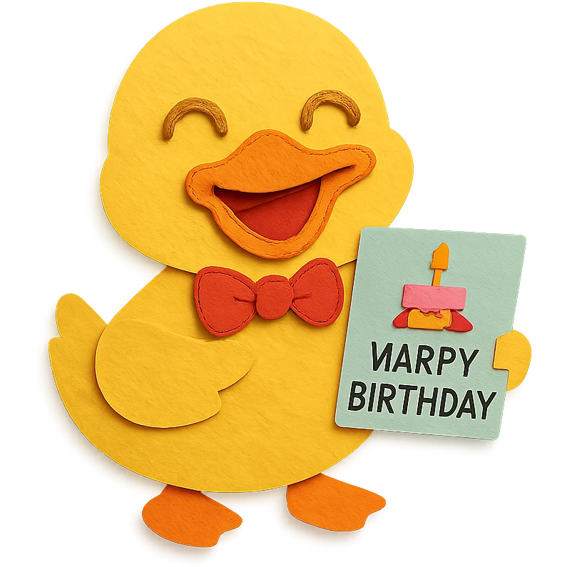 laughing duck with bowtie holding birthday card emoji