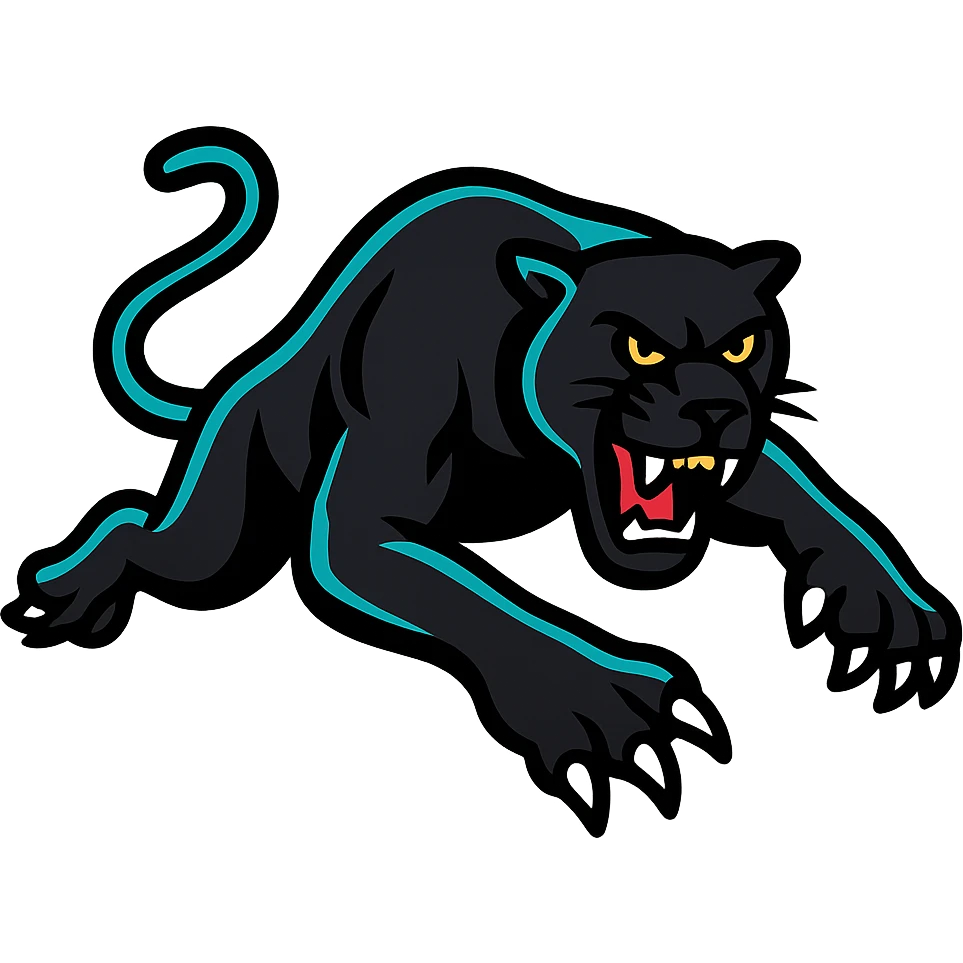 Penrith Panthers rugby league mascot, stylized panther, black and teal, energetic pose, modern sports logo style emoji