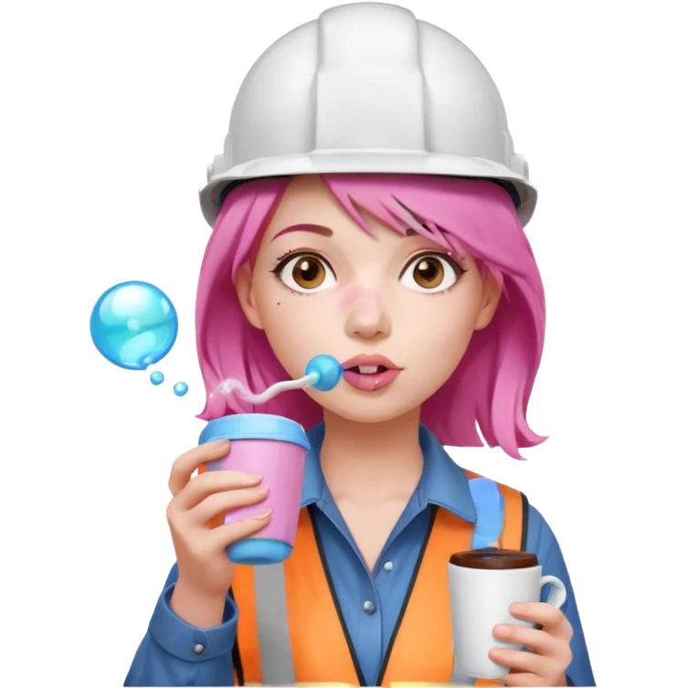 сделай молодую девушку с розовыми волосами, накрашенную красиво, с стаканчиком кофе, в каске, надувающую пузырь из жвачки ртом emoji