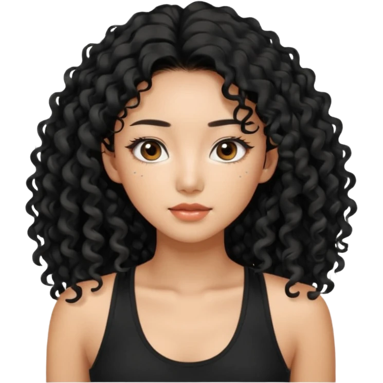 Korean woman with black cute long curly hair  with a black top tank with long lashes emoji