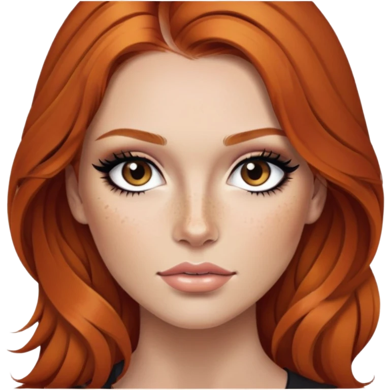 ginger hair, brown eyes, freckled, baddie,pretty makeup, strong makeup, black eyeliner, long hair emoji