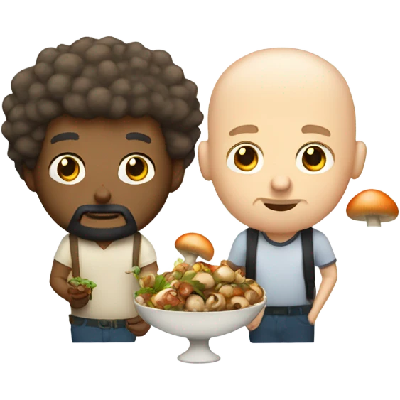 Bald white man with beard and curly haired Filipino eating mushrooms emoji