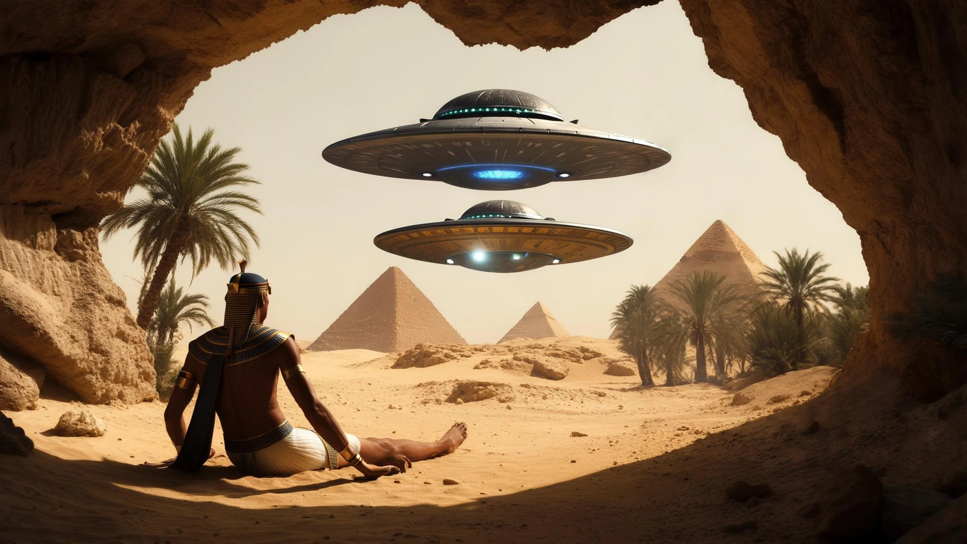 cinematic still, documentary photography, acient egypt, back shot of a man dress in ancient clothes in cave on ground laying front of small ufo starship, palms, dynamic scane, leading lines, captured by arri alexa, depth layers, piramids in babckground emoji