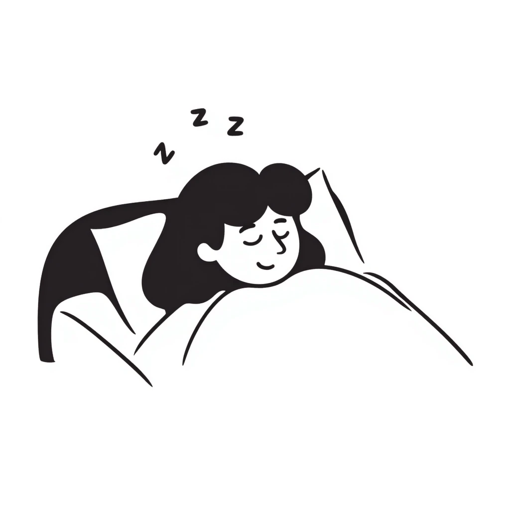 A person sleeping peacefully in bed with a soft smile, gentle z's floating above their head. Cozy, calm feeling with soft colors. Hand-drawn doodle style. emoji