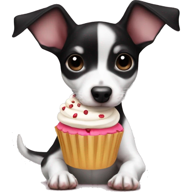 Black and white rat terrier puppy (no brown) eating a cupcake emoji