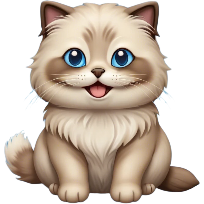 Cinematic Adorable Fluffy Brown Seal Ragdoll Cat Portrait Emoji, Head tilted cutely with big, sparkling blue eyes, soft brown seal-colored fur with darker points on the ears, face, and paws, Simplified yet irresistibly adorable features, highly detailed, glowing with a soft, warm glow, high shine, yawning in a peaceful and playful manner, stylized with a touch of whimsy, bright and endearing, soft glowing outline, capturing the essence of a relaxed and loving kitten, so cute it feels like it could leap out of the screen and stretch into a cozy nap! emoji