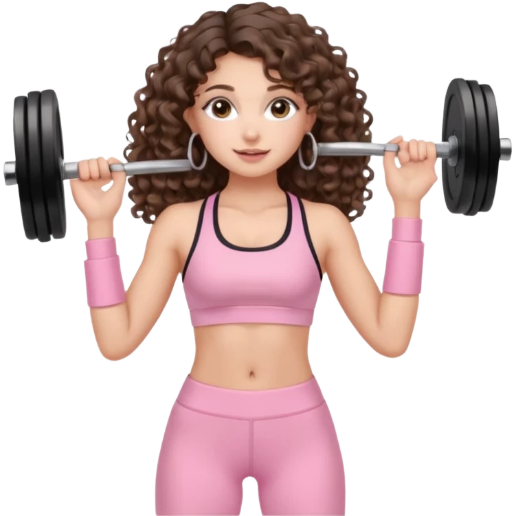 cute balayage brunette long hair curly/wavy haired girl, hoop earrings, clean girl makeup DOING EXERCISE with weights with a cute pastel pink set emoji