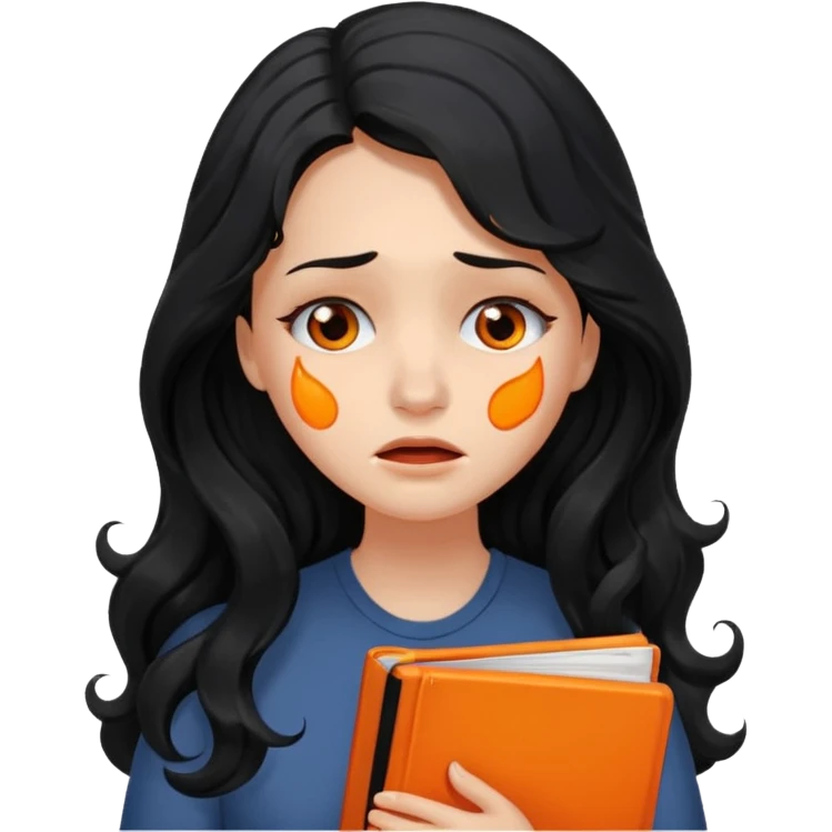 Long Hair Women with orrange Book, Black wavy hair, sad, crying

 emoji