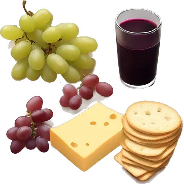 Charcuterie board with cheese grapes bread and crackers emoji