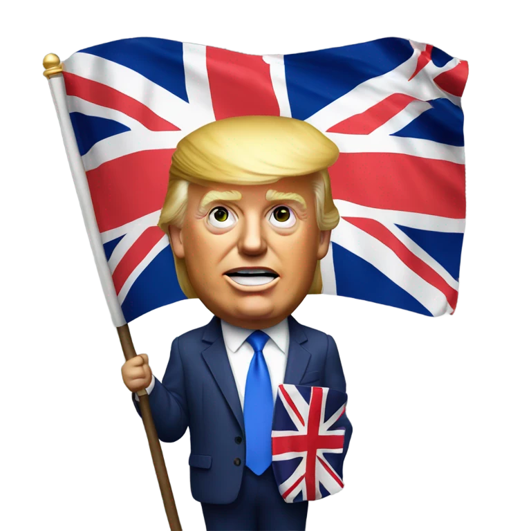 Hyper realistic Donald Trump holding a british flag emoji