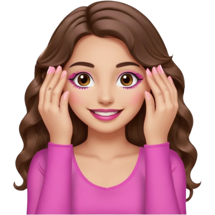 girl with long wavy brown hair, brown eyes, long lashes, sexy pink lips, light to medium complexion, wearing a pink sexy top, smiling, hands covering over the eyes emoji