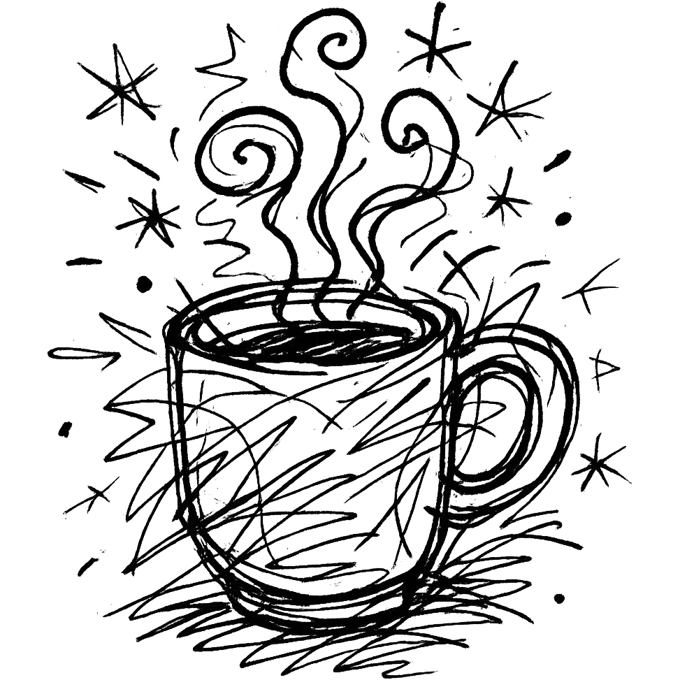 chaotic outlined icon of a coffee cup with erratic steam and scribbled lines emoji