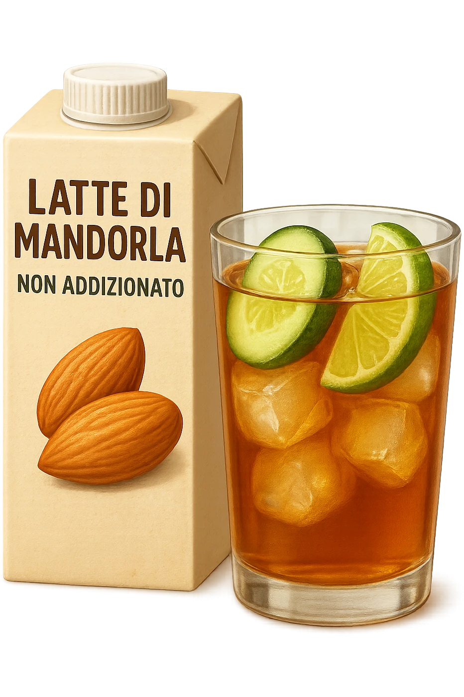 emoji stile iphone di un pacco di latte di mandorla non addizionato accanto ad un bicchiere di vetro di tè freddo con fettine di cetriolo e lime
IPERREALISTICO 4K emoji