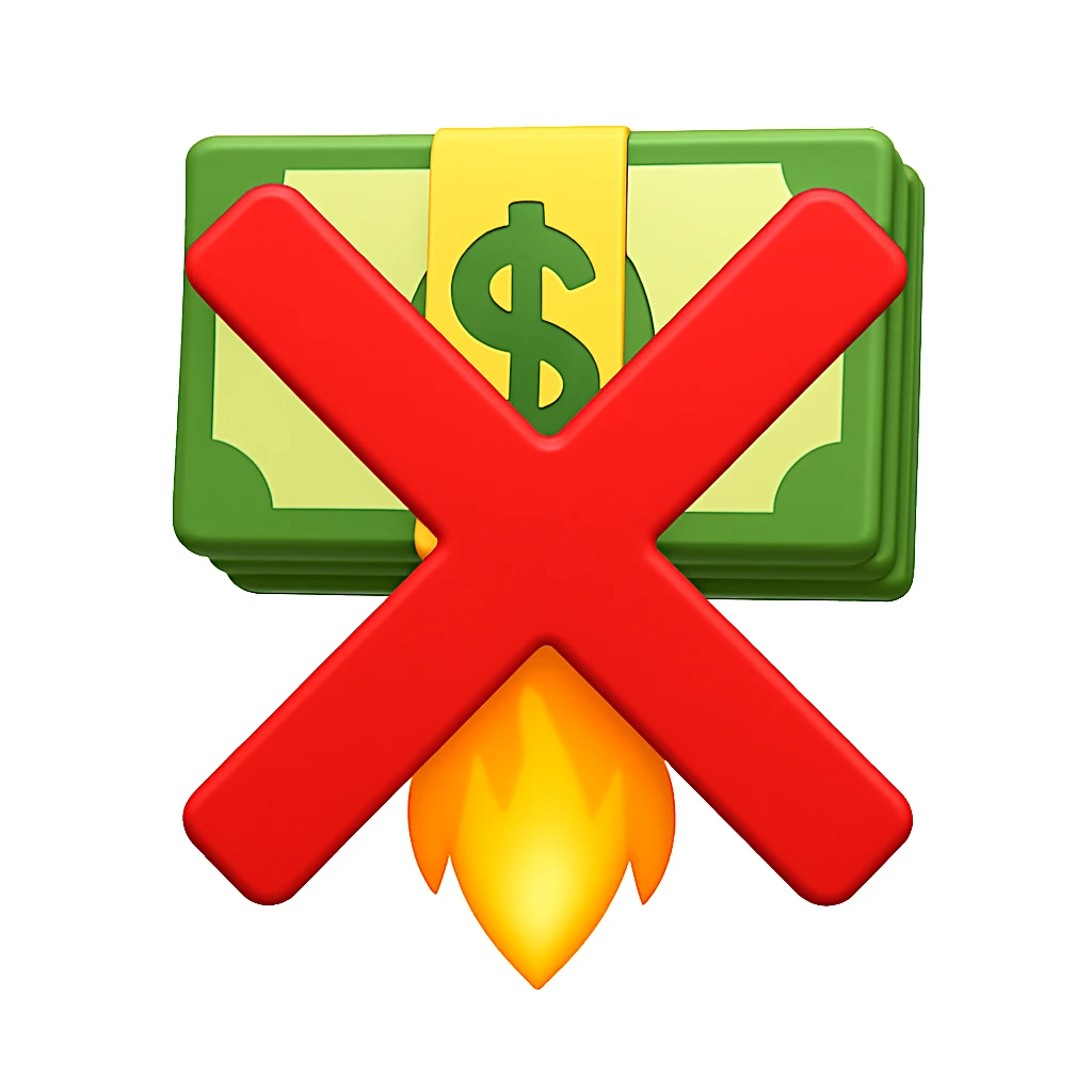 Replace the rocket with a money emoji, keep the large X cross in front, add a flame at the bottom as if the money is about to launch. The style should resemble emoji style. emoji