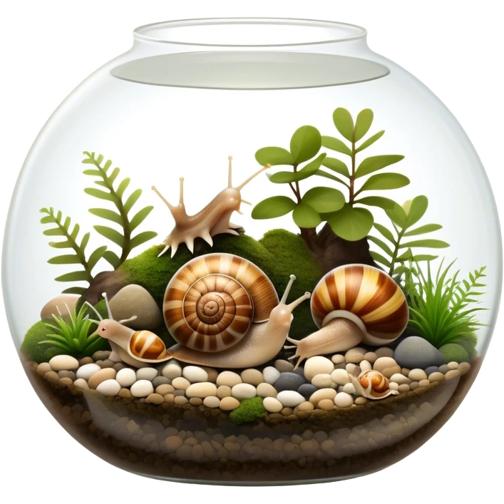 A collection of various snails and mollusks inside a big, lush terrarium with plants and moss. Some snails are crawling along the glass while others rest on pebbles. The scene is serene with soft lighting, showcasing the natural beauty of the mollusks. Transparent background. emoji