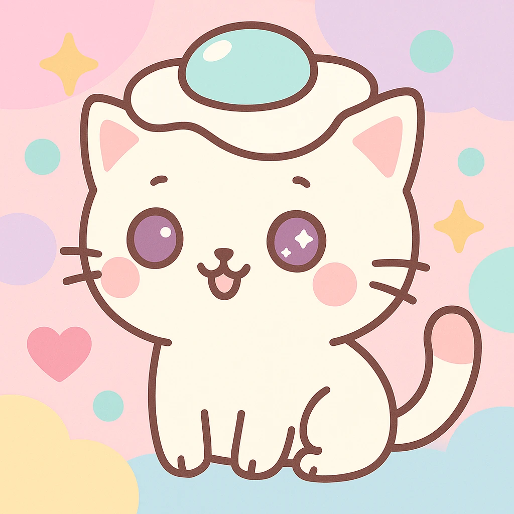 Add a playful, colorful background behind the cute cat with a fried egg hat, in kawaii style. emoji