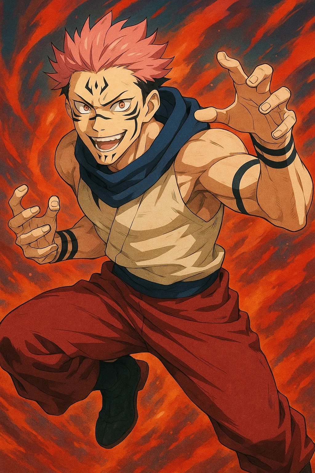 Sukuna character inspired by anime style, visual interpretation 4, detailed, dynamic pose, vibrant colors emoji