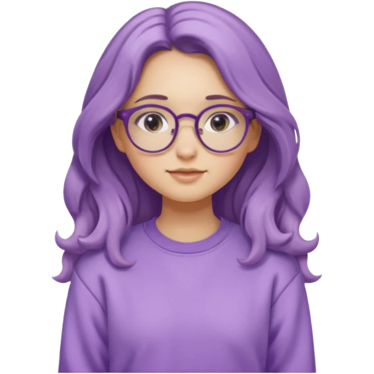 Chica de pelo largo y ondulado, con gafas redondas y expresión suave; viste una sudadera lila y transmite un estilo tranquilo y relajado. emoji