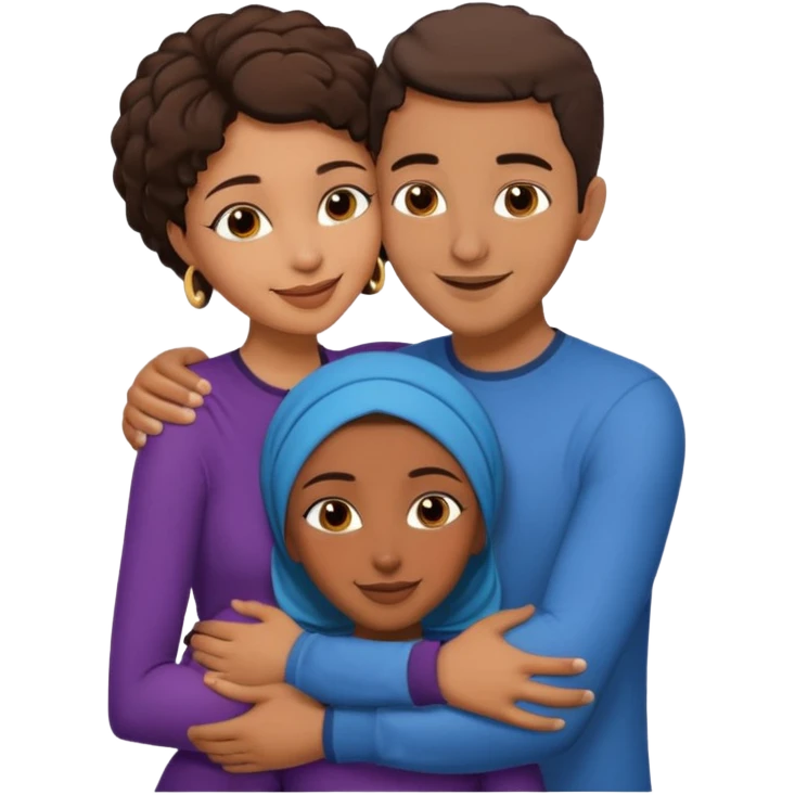  middle Eastern man with short brown hairwith two black african women both are African one is medium tone skin black and one is medium tone black with african hair styles. and they are all smiling and putting their arms around each other and kissing and hugging sexually  emoji