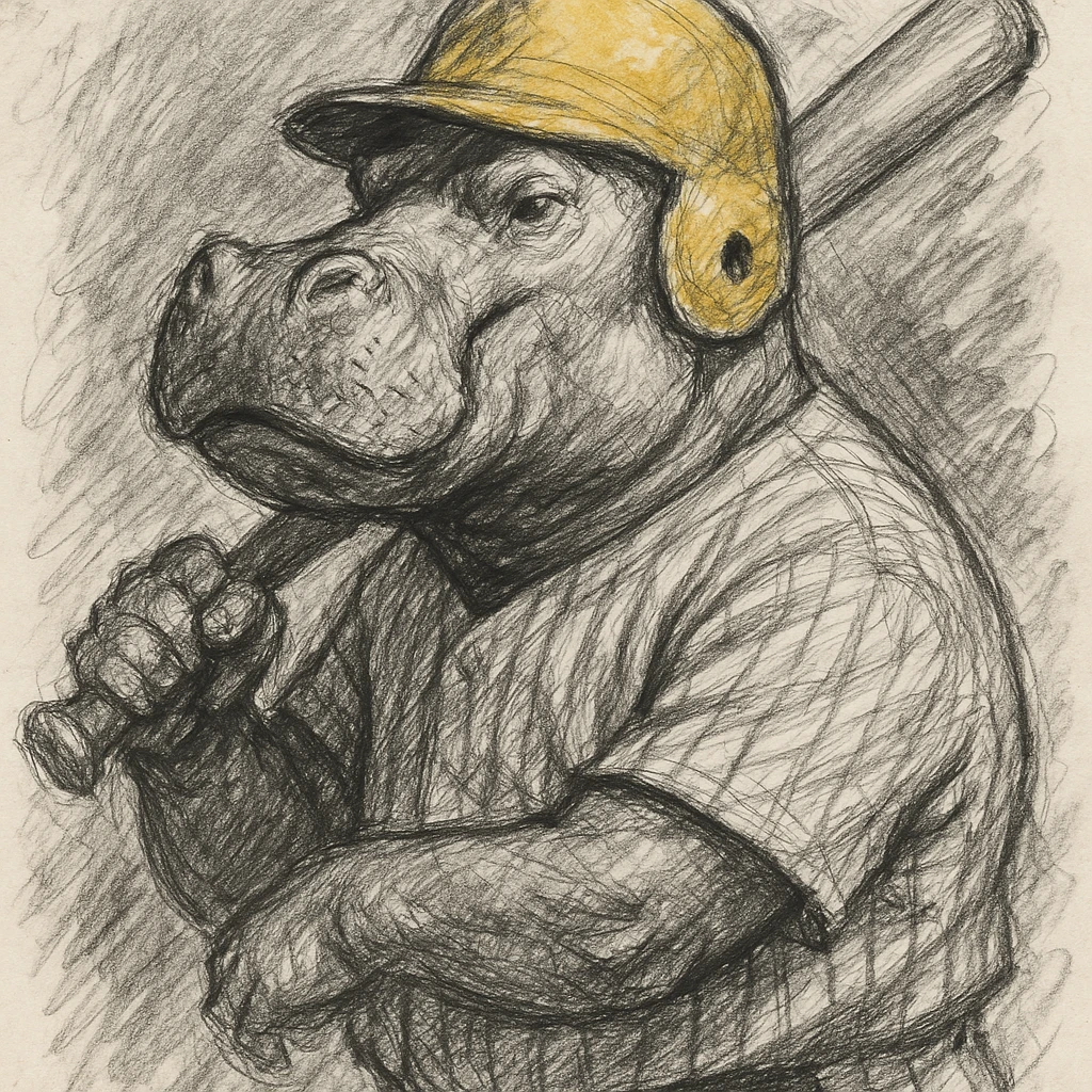 hippo holding a baseball bat, wearing a yellow helmet, pinstripes outfit emoji
