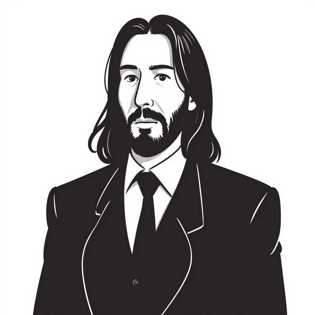 John Wick character in pencil sketch style, wearing a black suit with long dark hair and beard emoji