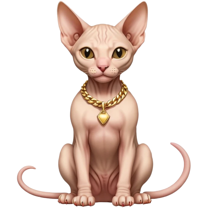 hairless Sphynx cat full body sitting, wearing a gold chain, winking emoji