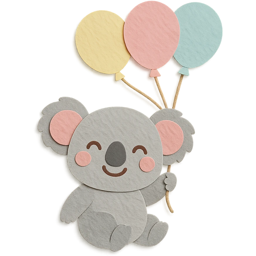 koala floating with pastel balloons, happy face, paper-craft style emoji