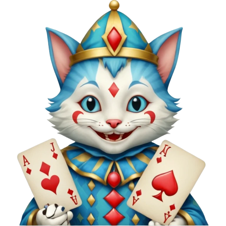 crazy colorful cute little cat jolly joker from poker, medieval, vintage, court jester, mac os icon, blue color, holds poker cards emoji