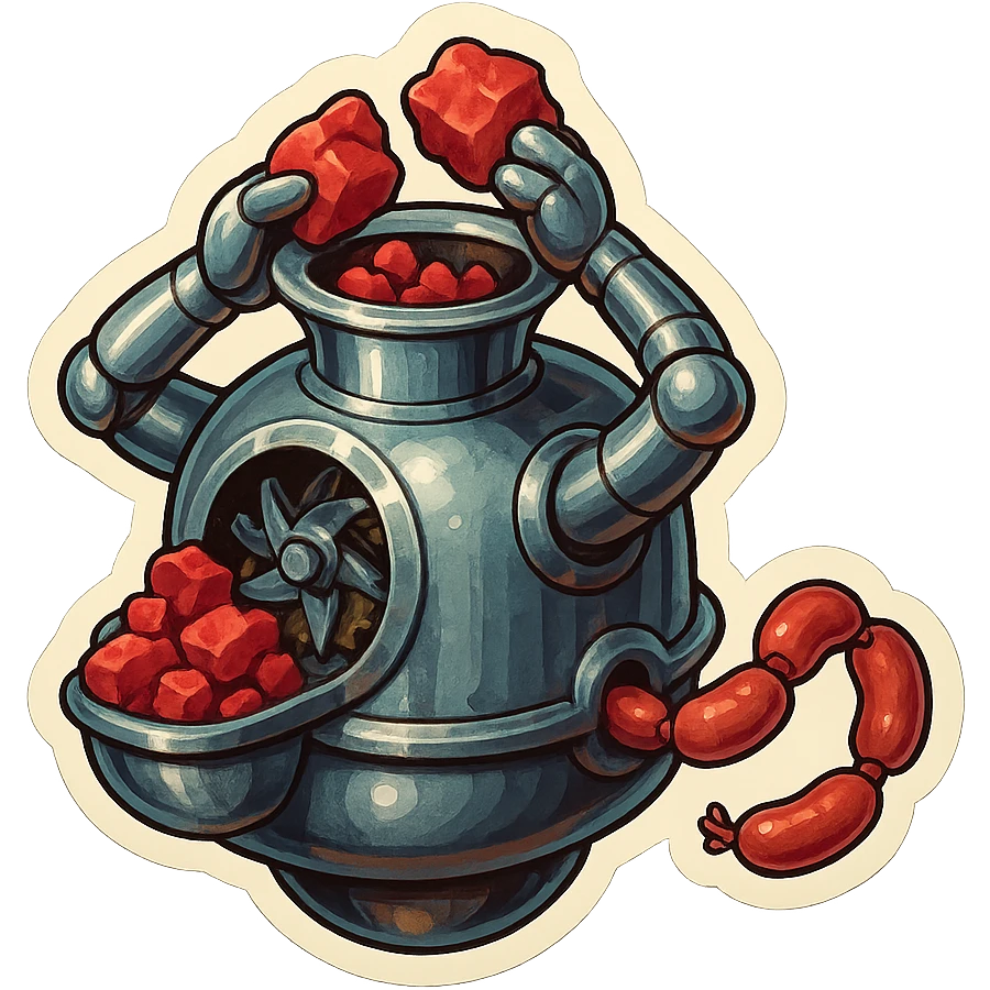 hovering robot. stuffs material into large hole on its top with arms. hole is where neck and head would be. spinning gears and blades  grind red chunks. sausage links come our of hole on backside.  3/4 view. between realism and cartoon. well lit. no dramatic lighting. metallic robot. works diligently. dark humor emoji