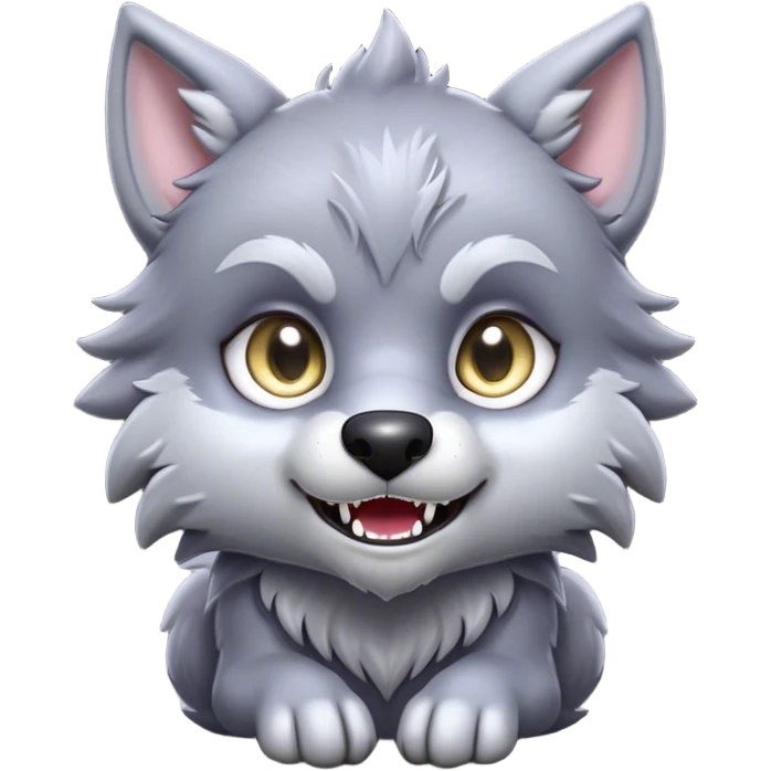 Cinematic Cute Werewolf Portrait Emoji, with a cuddly, miniature lupine form in soft moonlit grays and silvers, featuring oversized sparkling eyes and a sweet, endearing snarl, simplified yet irresistibly adorable, highly detailed with a gentle glowing outline that captures the playful, heartwarming essence of a little werewolf! emoji