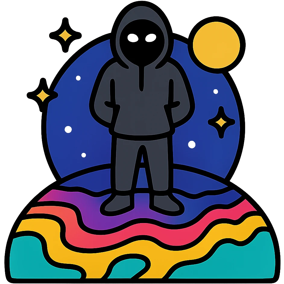 Figure in black hoodie and mask standing on vibrant cosmic earth surface, psychedelic colors flowing beneath feet, surreal cosmic sky above emoji