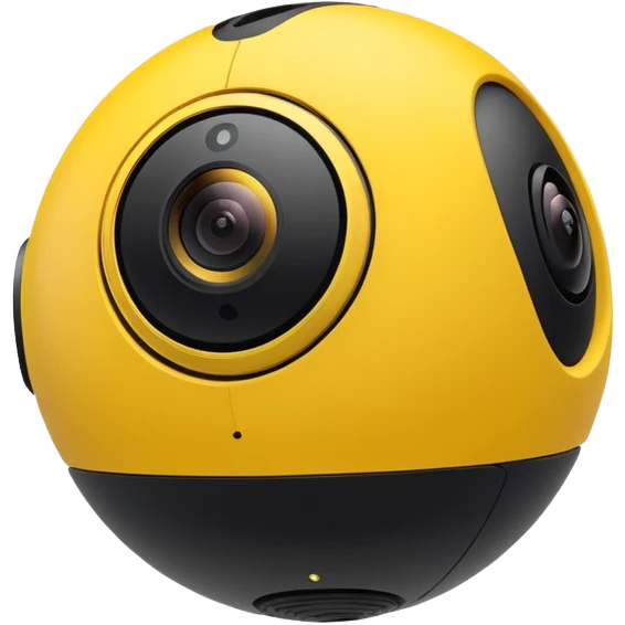 Insta360 camera emoji, angled from below, yellow and black, dynamic perspective emoji