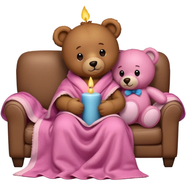 Brown teddy bear cuddling with a pink teddy bear wrapped in a blanket watching tv on couch with candles next to them emoji