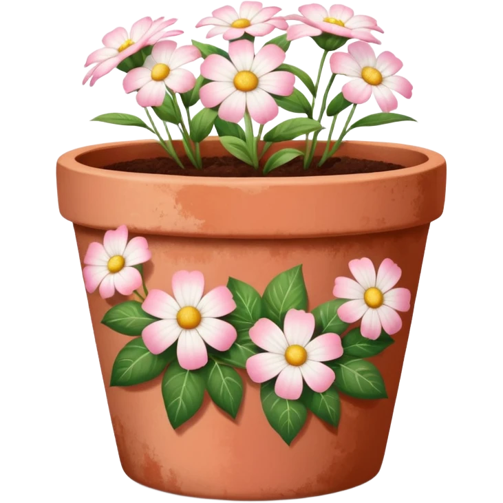 plant pot in terra cota with white and pink flowers print painted on the pot emoji