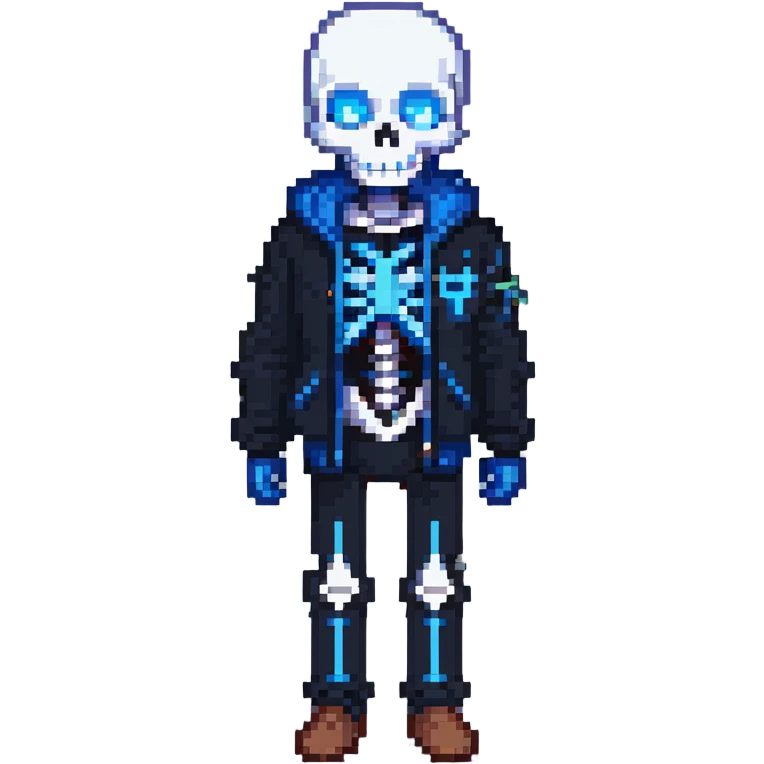 Sans skeleton character from Undertale with blue jacket and glowing blue eye emoji