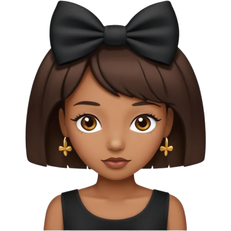 Adult woman with black cute  cut with a black top and a bow on her head with long lashes emoji