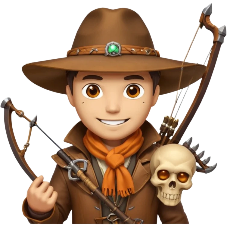 male human monster hunter emoji, wearing brown leather coat and wide hat, holding crossbow, with amulet shaped like skull, Halloween fantasy theme, confident smile, orange scarf, Apple emoji style, clean white background, square image emoji