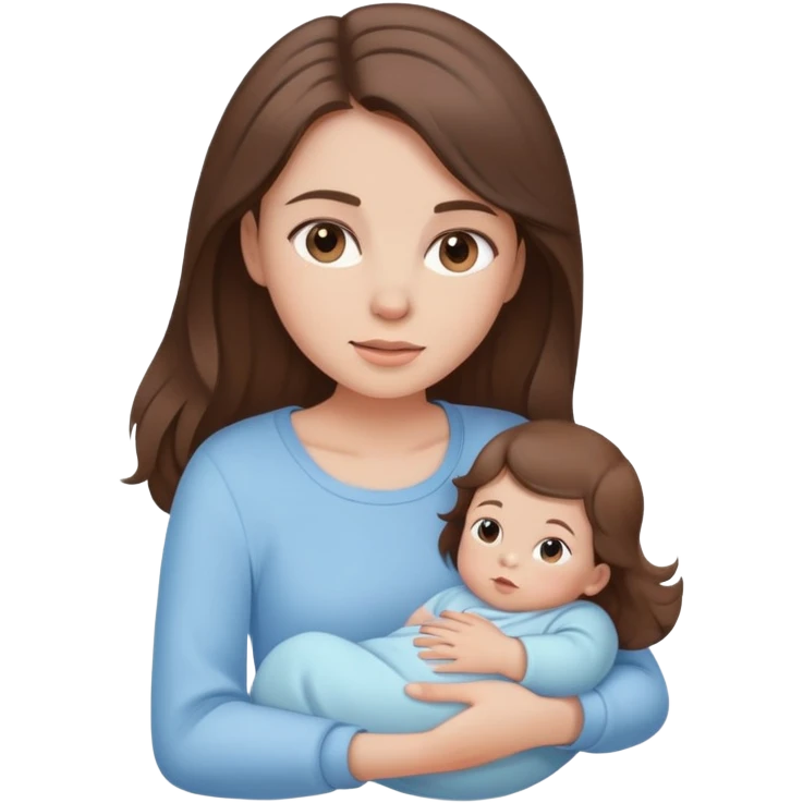 brunette girl with brown hair wearing pastel blue clothes holding a baby emoji