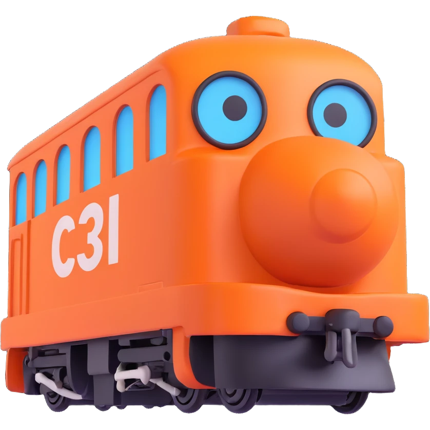 an orange train with an excited, hyped expression, perfect for a Twitch emote emoji