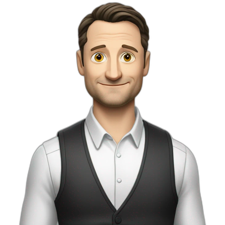tim robinson dark black slicked back hair white long sleeve waffle shirt with a light grey vest emoji