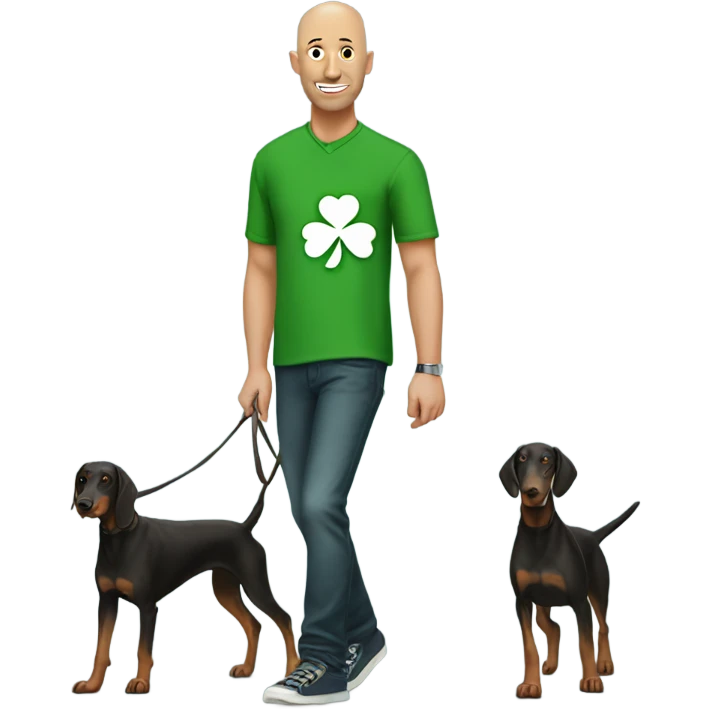 Bald guy wearing shamrock shirt walking a Doberman  emoji