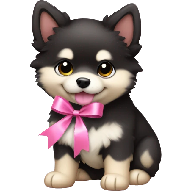 One black and beige pomsky puppy with a pink ribbon in his heac emoji