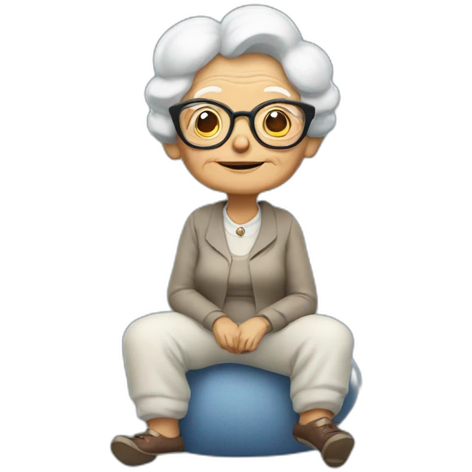An old lady with glasses sitting on top of the cloud emoji