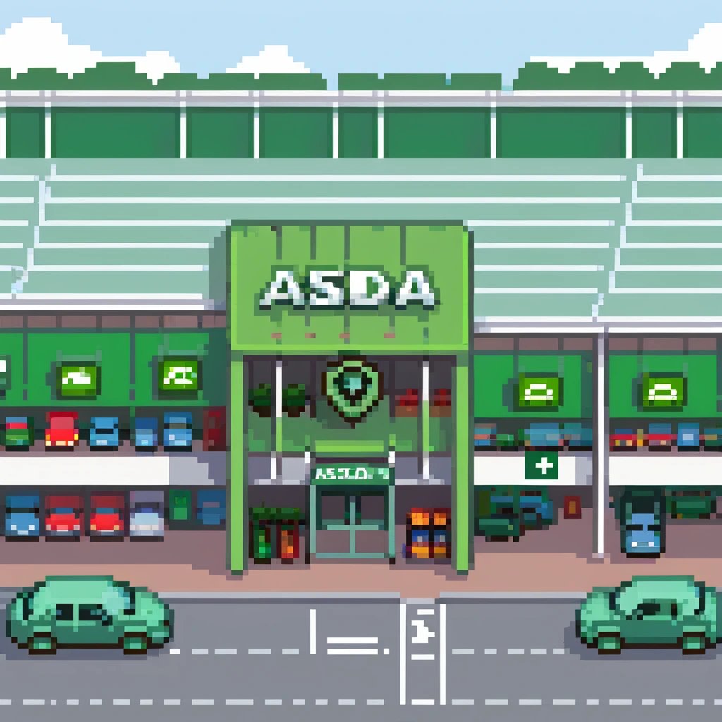 Isometric view of an ASDA supermarket building with green signage, large glass entrance, shopping trolleys bay, and car park with British cars emoji