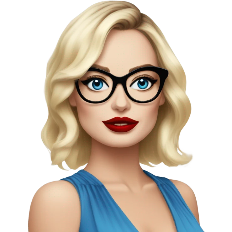  Margot Robbie, bright blue eyes and winged eye liner, red kisses, wearing black glasses  emoji